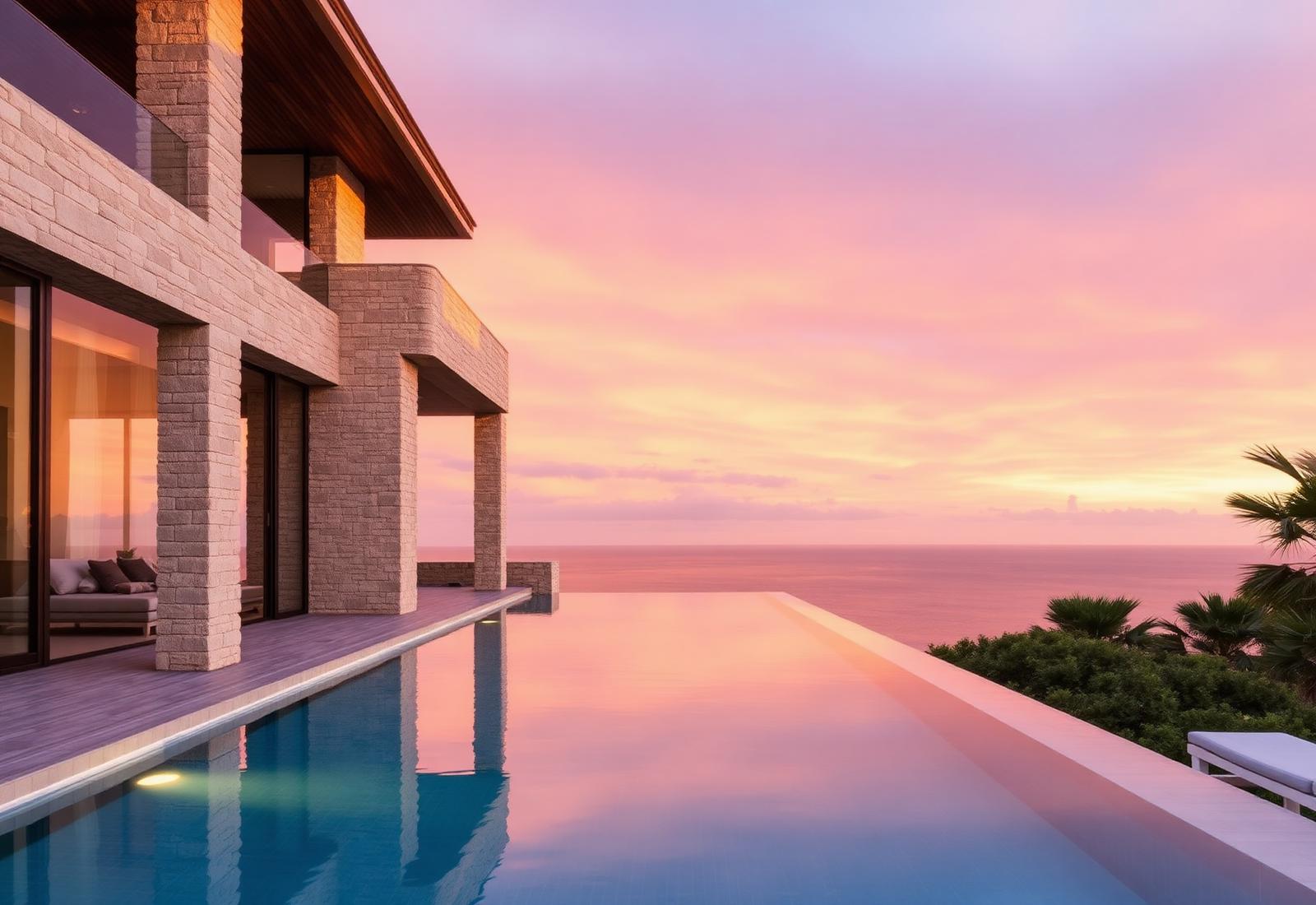 Luxury wellness retreat villa at sunset